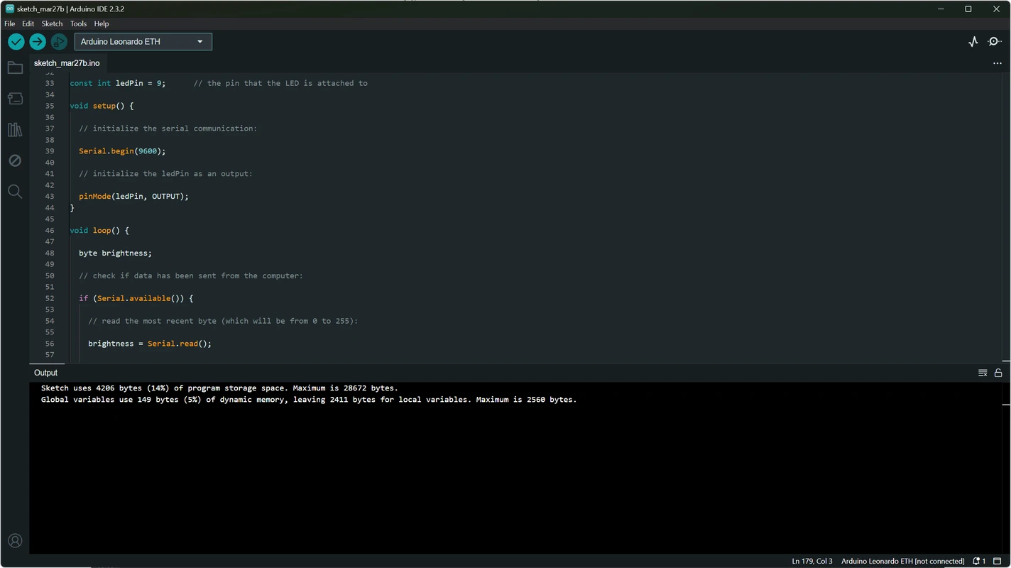 Line-numbered editor pane with C++ sketch code open in Arduino IDE