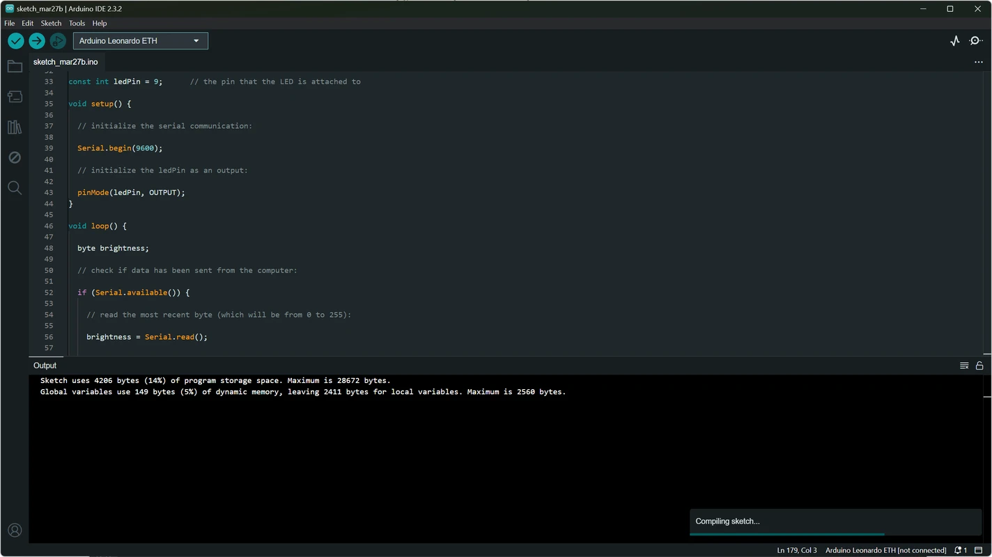 Multi-tab sketch workspace with syntax highlighting and compile status in Arduino IDE